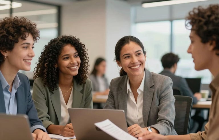 A diverse group of South American / Brazilian office workers smiling and collaborating in a modern, light-filled lounge, representing health and professional well-being.