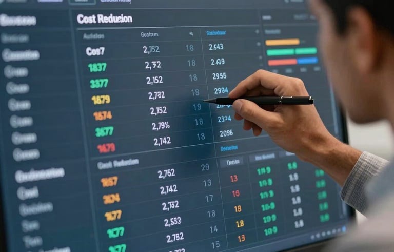 A detailed close-up of a modern corporate dashboard on a glass screen being analyzed by a South American / Brazilian professional, focusing on cost reduction data.