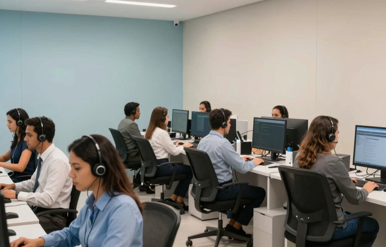 A wide shot of a modern, efficient call center in South America. Brazilian team members in professional attire collaborating in a bright, airy space with light blue and beige walls. Clean lines, professional atmosphere, and bright cinematic lighting.