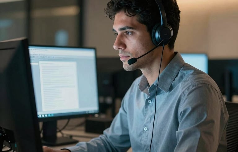A night scene in a corporate building. A focused South American / Brazilian professional man wearing a high-quality headset, illuminated by the glow of computer monitors. Soft muted blue and gold ambient lighting. High-end professional photography.