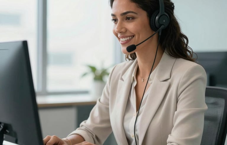A professional South American / Brazilian woman wearing a headset, smiling while working at a clean, modern desk in a bright office. Soft natural daylight from a large window. The interior design uses a palette of light blue and off-white. Professional photography, sharp focus.