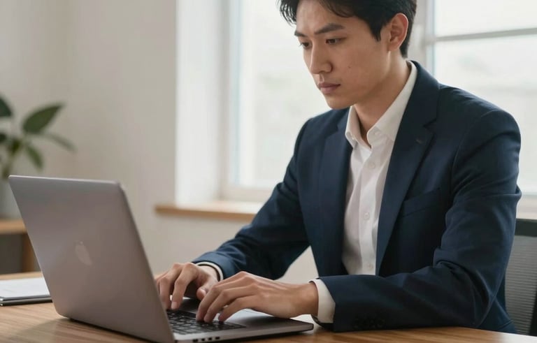 A professional in a bright, modern North American home office focusing on a laptop screen, soft natural window light, warm wooden desk, sophisticated and clean atmosphere using dark blue and off-white tones.