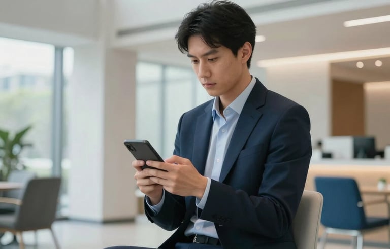 A person in professional attire reading on a digital device in a bright, modern US corporate lounge, clean architectural lines, sophisticated blue and steel blue accents.