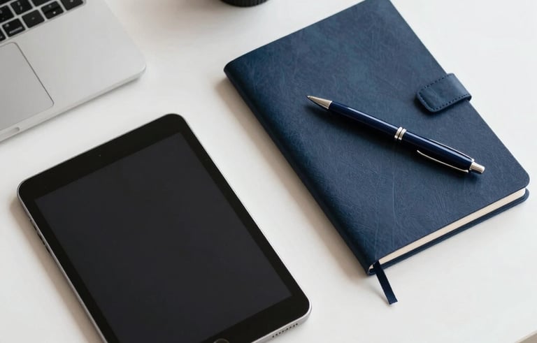 A clean, well-lit overhead shot of a minimalist workspace in a North American office, featuring a tablet, navy notebook, and navy pen, professional and high-quality feel.