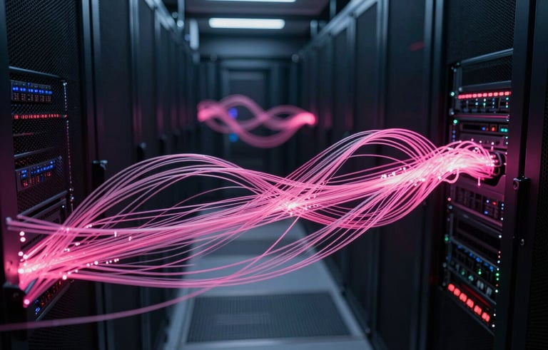 An abstract wide-angle shot of glowing data streams and neon pink fiber optic cables weaving through a dark server room in a high-tech North American data center.