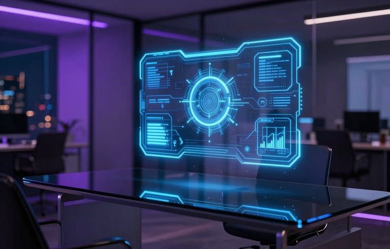 A futuristic holographic AI interface glowing in neon blue, floating above a minimalist black glass desk in a high-tech North American office at night. Soft purple ambient lighting reflects off sleek surfaces.
