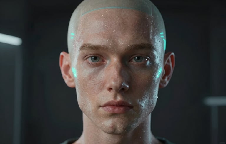 A cinematic close-up of a digital human avatar with subtle neon cyan accents on the skin, set against a dark, minimalist futuristic studio background in Los Angeles.