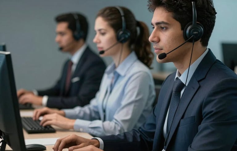 A modern South American / Brazilian call center at night, with professional staff working under soft blue and gray lighting, creating a mood of 24/7 reliability and focus.