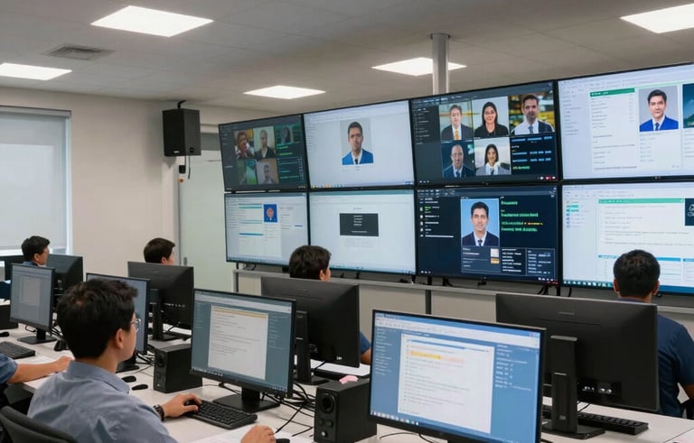 High-tech monitoring station in a South American / Brazilian corporate office, featuring multiple screens showing customer service interfaces, modern ergonomics, and bright lighting.