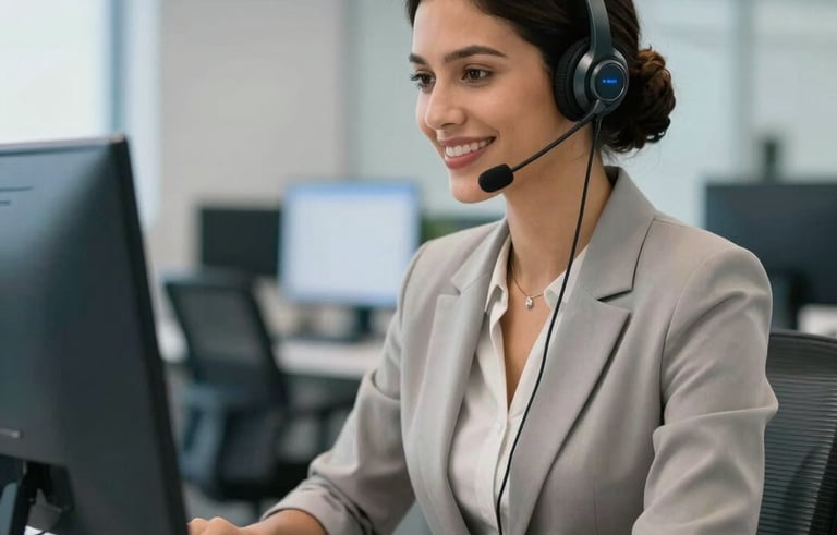 A professional South American / Brazilian call center receptionist wearing a modern headset, smiling and focused while working at a clean, well-lit desk. The background features a modern office with light gray and blue accents.