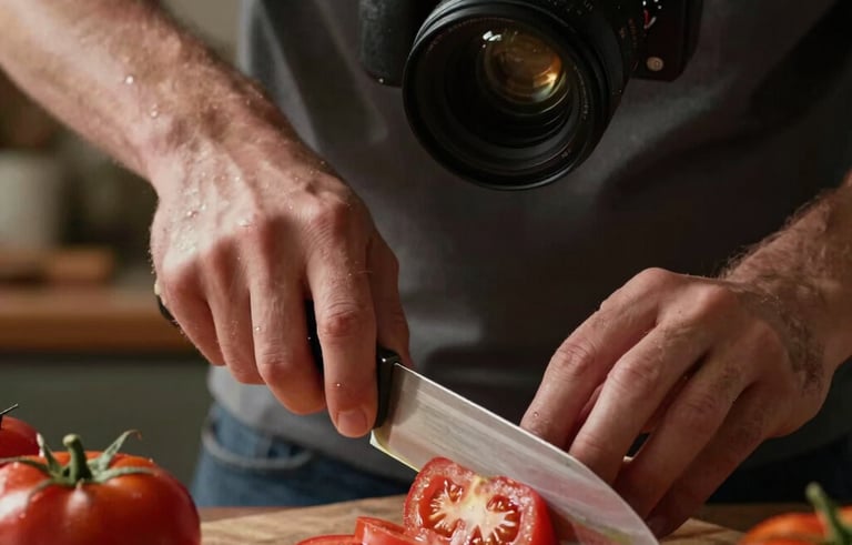 A close-up action shot of a professional photographer in a Western European kitchen, capturing cinematic video of fresh tomatoes being sliced. The lighting is warm and moody, emphasizing textures and vibrant Deep Ripe Crimson colors.