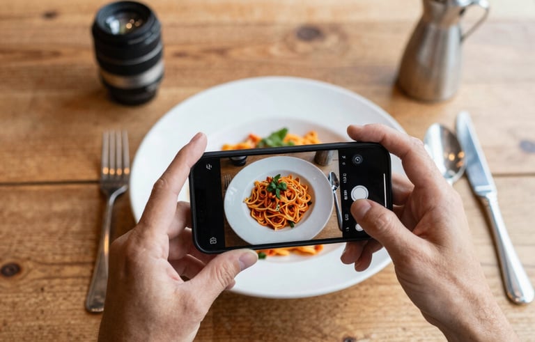 A top-down professional photography shot of a rustic wooden restaurant table in a Western European setting. A person is capturing a photo of a vibrant pasta dish using a smartphone, surrounded by natural morning light and cozy Scandinavian decor.