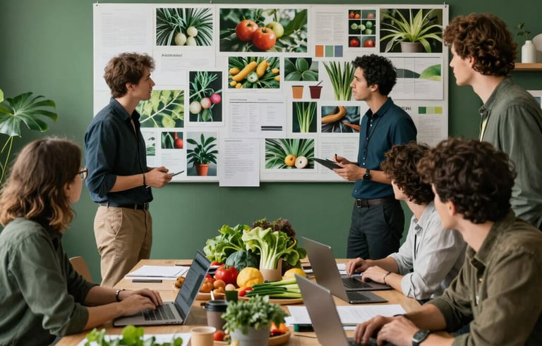 A group of digital marketing professionals in a Western European creative studio planning a campaign. They are surrounded by mood boards and fresh organic produce, creating a down-to-earth yet expert atmosphere with Matte Forest Green accents.