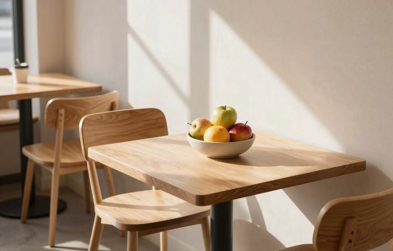 A high-angle photography shot of a minimalist Scandinavian-style cafe interior in North American / European region. Features light wood furniture, Crisp Parchment walls, and a small ceramic bowl of fresh fruit on a table. Natural, bright morning light.