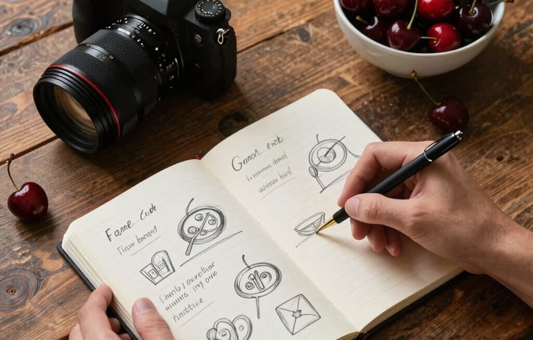 A top-down view of a rustic wooden table in a North American / European studio. Hands are sketching content ideas in a notebook next to a camera lens and a bowl of ripe cherries. Sophisticated, high-contrast lighting.
