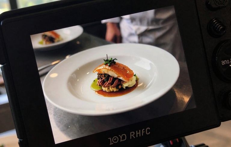 Detailed shot of a professional camera screen displaying a high-contrast photo of a chef plating a dish in a modern kitchen. Soft daylight from a large window in a North American / European setting.