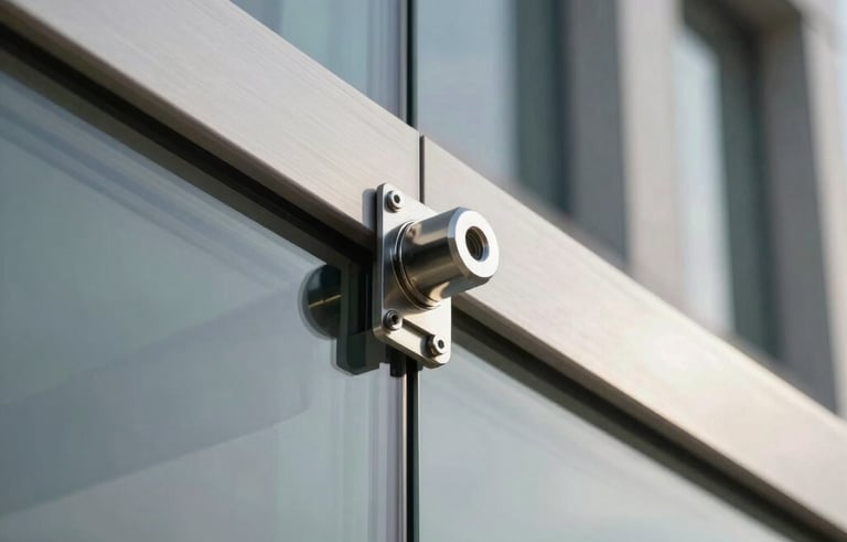 A professional architectural close-up photograph of a heavy-duty stainless steel spider fitting securing a large tempered glass panel on a modern facade. The metallic surface has a brushed texture reflecting soft daylight. Minimalist design, high technical precision, clean lines. Latin American contemporary office building in the background.