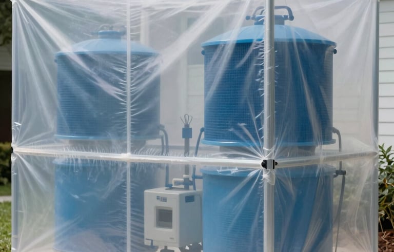 Photography of a high-tech containment area in an Orlando, Florida residence. Heavy-duty plastic sheeting creates a sealed barrier, with blue HEPA air scrubbers working in the background to filter contaminated air. Professional and secure atmosphere.