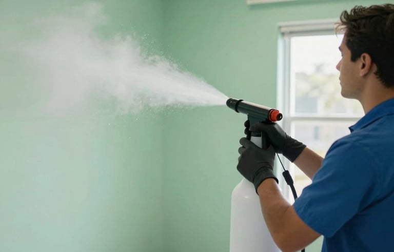 A specialist in a North American / US (Florida) commercial building applying an eco-friendly antimicrobial spray fogger to a room. The scene is bright and highlights safety, cleanliness, and advanced sanitation technology with soft green and blue accents.