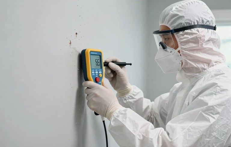 A professional mold inspector in a North American / US (Florida) home wearing white protective gear and a mask, using a specialized moisture meter on a light gray wall to detect hidden water damage. The lighting is bright and clean, emphasizing a modern safety-focused environment.