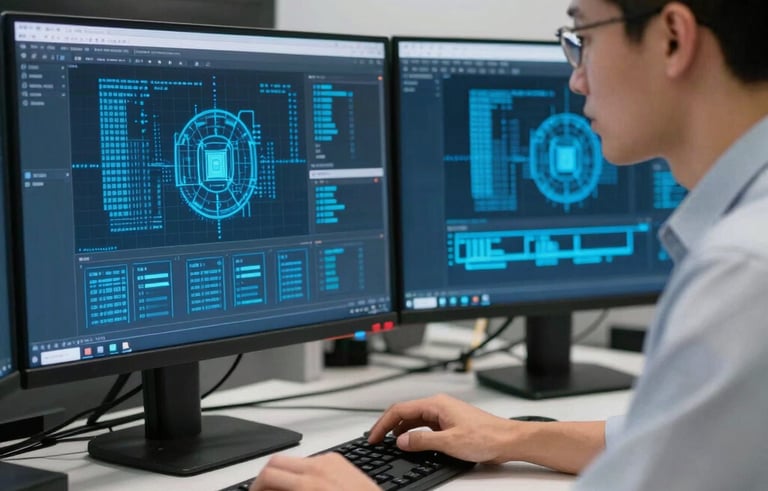 An expert technician in a modern North American / US office setting, focusing on a multi-monitor display showing bright blue digital security encryption patterns, dark navy background.