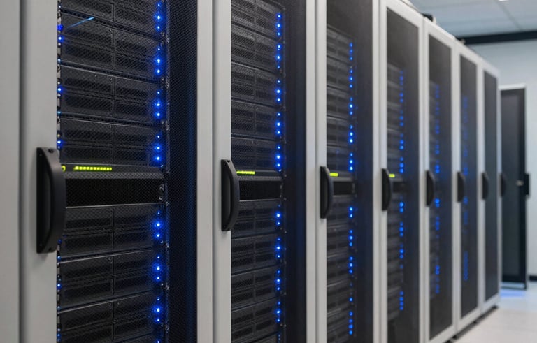 A sophisticated North American / US data center corridor with sleek off-white and dark navy server racks, illuminated by bright blue status lights, reflecting a professional and innovative atmosphere.