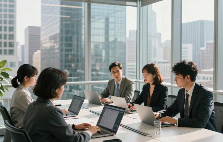 Wide-angle photograph of a clean, sunlit glass boardroom in a US city skyscraper, where a collaborative team works on innovative software solutions, professional and clean aesthetic.
