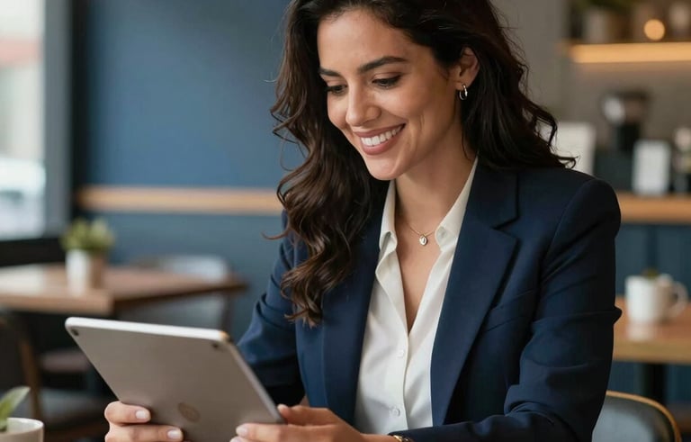 A professional Latin American female entrepreneur smiling in a well-lit modern cafe, reviewing business plans on a tablet, soft lighting, professional photography, color accents of dark blue and gold in the background.