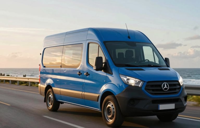 A modern medium blue delivery van driving along a wide coastal avenue in Brazil during the golden hour. The composition shows the van in motion, conveying speed and reliability. The style is professional commercial photography.