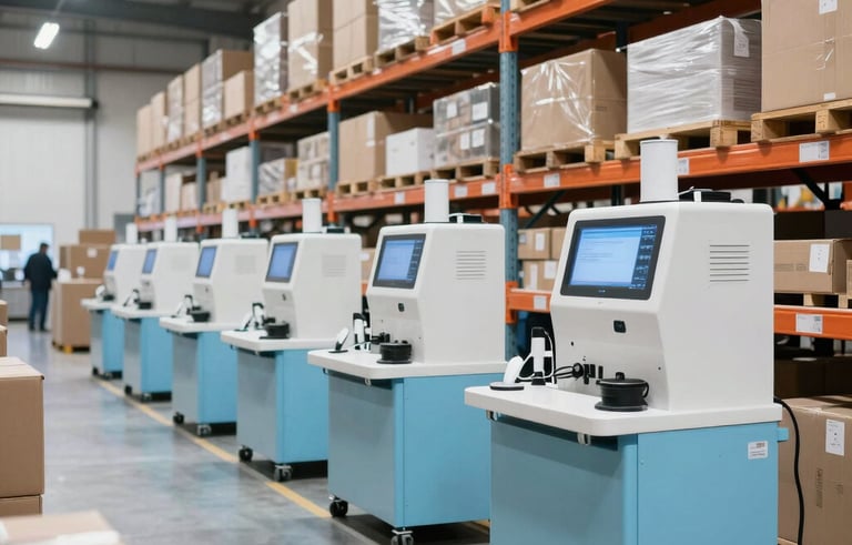 The interior of a clean and organized logistics warehouse in South America. The space is filled with neat shelves and modern packaging equipment. The lighting is professional and bright with light blue accents, conveying an atmosphere of high-tech efficiency and reliability.