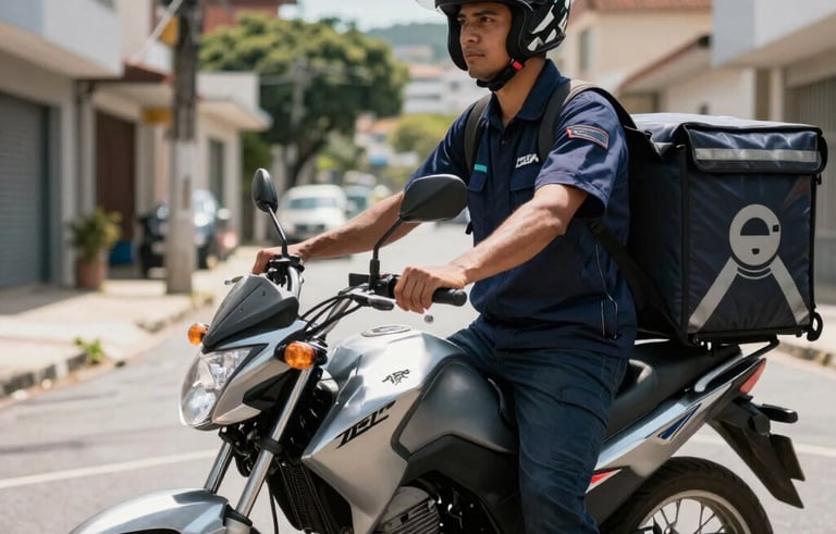 A professional delivery courier wearing a dark blue uniform and helmet, standing next to a silver motorcycle on a sunny urban street in a modern Brazilian neighborhood. The lighting is bright and crisp, highlighting the efficiency and speed of the service.