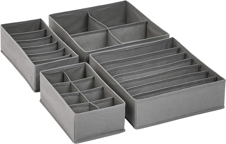 a set of six grey storage boxes with six compartments