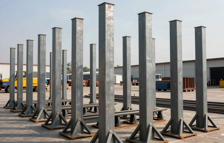 Wide shot of pre-fabricated steel columns and triangular trusses arranged in a logistics yard in Brazil. The setting is clean and industrial under a clear sky, emphasizing reliability and professional distribution.