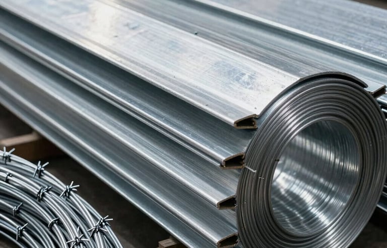 Close-up of industrial galvanized steel sheets and rolls of smooth and barbed wire in a clean warehouse environment. Professional lighting highlights the silver metallic finish, South American / Brazilian construction material style.