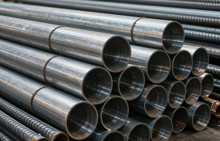 A clean, professional photograph of a variety of industrial steel pipes and thick rebar neatly stacked in a brightly lit Brazilian warehouse. The composition is sharp and modern, highlighting the metallic texture and the scale of the materials under natural light.