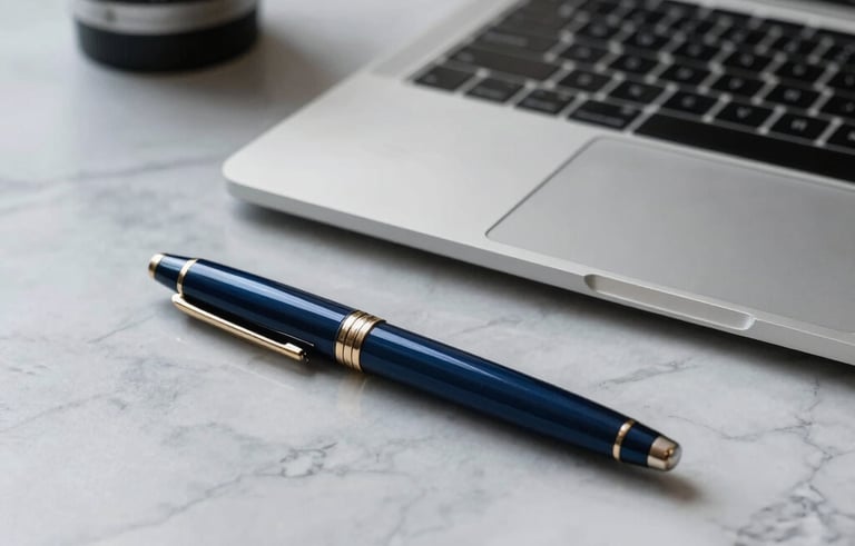 A minimalist workspace featuring a silver laptop and a luxury pen on a marble desk, representing financial restoration and success, dark blue accents, high-end photography.