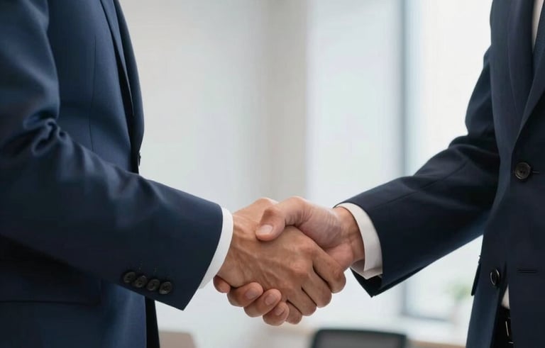 Close-up of a professional lawyer in a navy suit shaking hands with a client in a bright, modern office, focused on trust and professionalism, European French style.