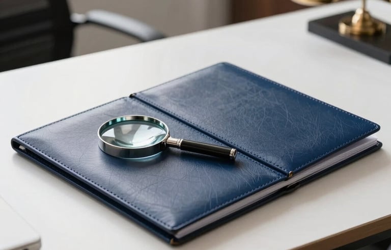 A high-end professional desk in a modern Parisian law office with a leather folder and magnifying glass, soft natural light, dark blue and white tones, European style.