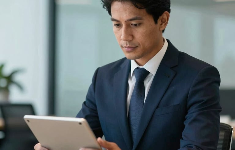 A professional South American &amp;#x2F; Brazilian individual in business attire, looking calmly at a digital tablet. The setting is a contemporary office with soft navy and light blue accents. The mood is one of reliable guidance and professional support.