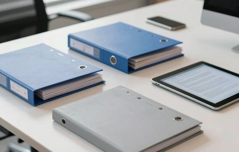 A clean, modern office desk in a South American &amp;#x2F; Brazilian professional setting. On the table are neatly organized administrative folders in muted blue and light gray, a smartphone, and a tablet showing a document. The lighting is bright and airy from a nearby window, creating a trustworthy and efficient atmosphere.
