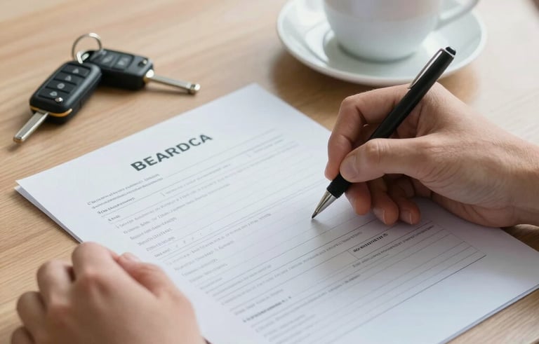 Close-up of hands filling out a form on a wooden table in a bright South American &amp;#x2F; Brazilian office. Beside the paper is a set of car keys and a cup of coffee. The composition is clean and focused, using a palette of light blue and pale gray.