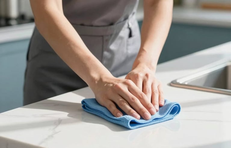 A professional cleaner in a bright, modern North American kitchen wearing a simple uniform, using a microfiber cloth to wipe down a pristine white marble countertop. Natural sunlight streaming in, highlighting the dust-free surfaces. Muted blue and pale blue accents in the background.