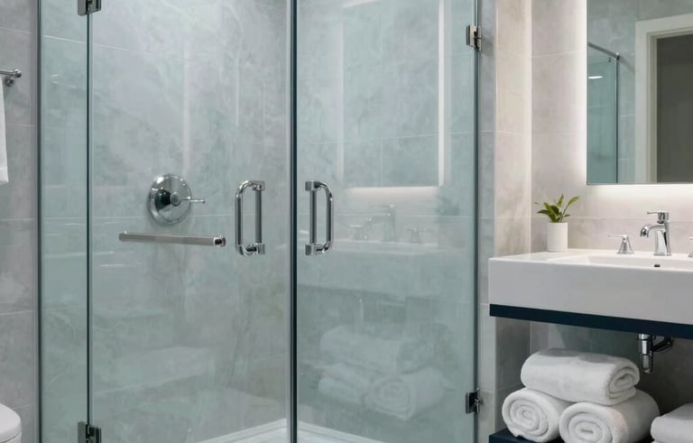 A wide shot of a luxury North American master bathroom after a deep clean. Polished chrome faucets, streak-free glass shower doors, and neatly rolled white towels on a dark navy shelf. The atmosphere is clinical yet welcoming, in shades of light blue and light gray.