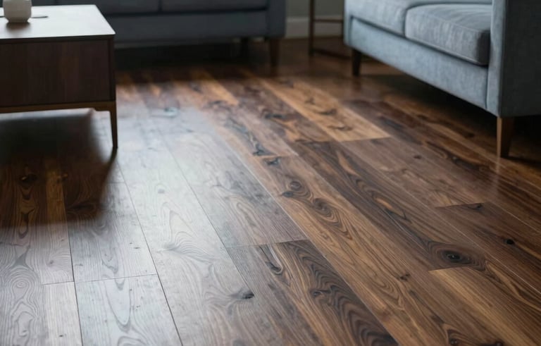 A serene North American living area with sunlight highlighting the grain of a perfectly polished dark wood floor. Meticulously arranged furniture and dust-free surfaces. Professional photography, sharp focus, clean and airy vibe using muted blue and gray tones.