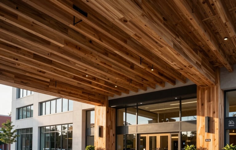 A professional architectural photograph of a grand North American headquarters entrance. High ceilings and sustainable wood accents create an inviting yet powerful atmosphere, reflecting the scale of a large, dependable company.