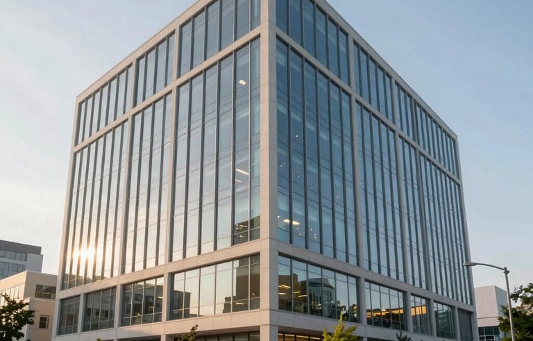 A wide-angle professional photograph of a contemporary North American corporate office building during morning hours. The architecture features clean glass lines and sustainable greenery. Soft, natural sunlight illuminates the professional environment, conveying reliability and established expertise.
