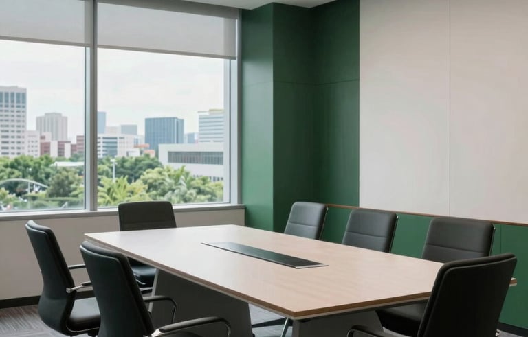 A sleek, North American boardroom with large windows overlooking a green urban landscape. The room is modern and organized, using dark green and off-white tones to evoke a sense of professional reliability and growth.