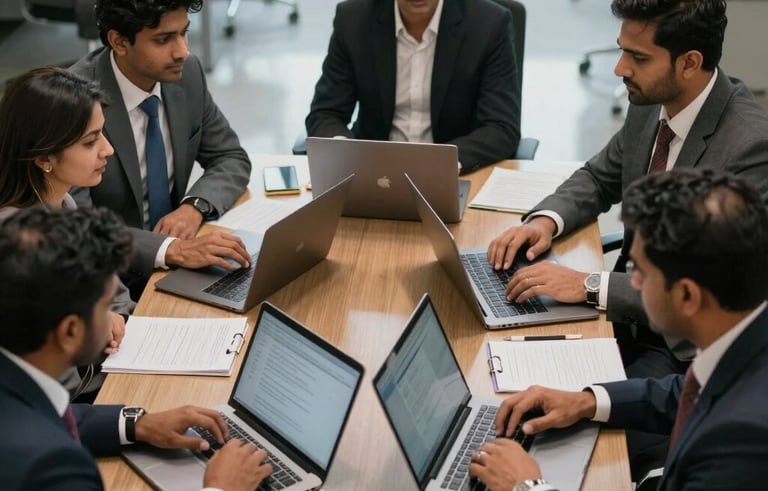 An overhead shot of South Asian legal professionals collaborating around a polished table with laptops and professional stationery in a Gurugram office.