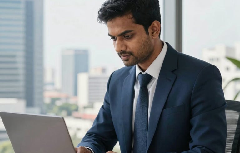 A professional South Asian male consultant in a navy suit working in a high-rise office in Bangalore, focused on a laptop with a view of the city skyline, professional and bright lighting.