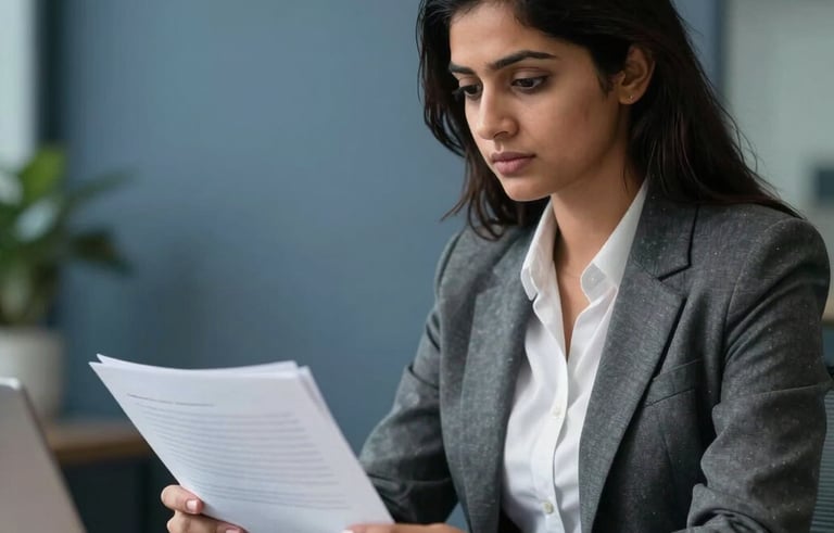 A focused South Asian female expert in professional business attire analyzing legal documents in a modern, slate-blue themed office environment.